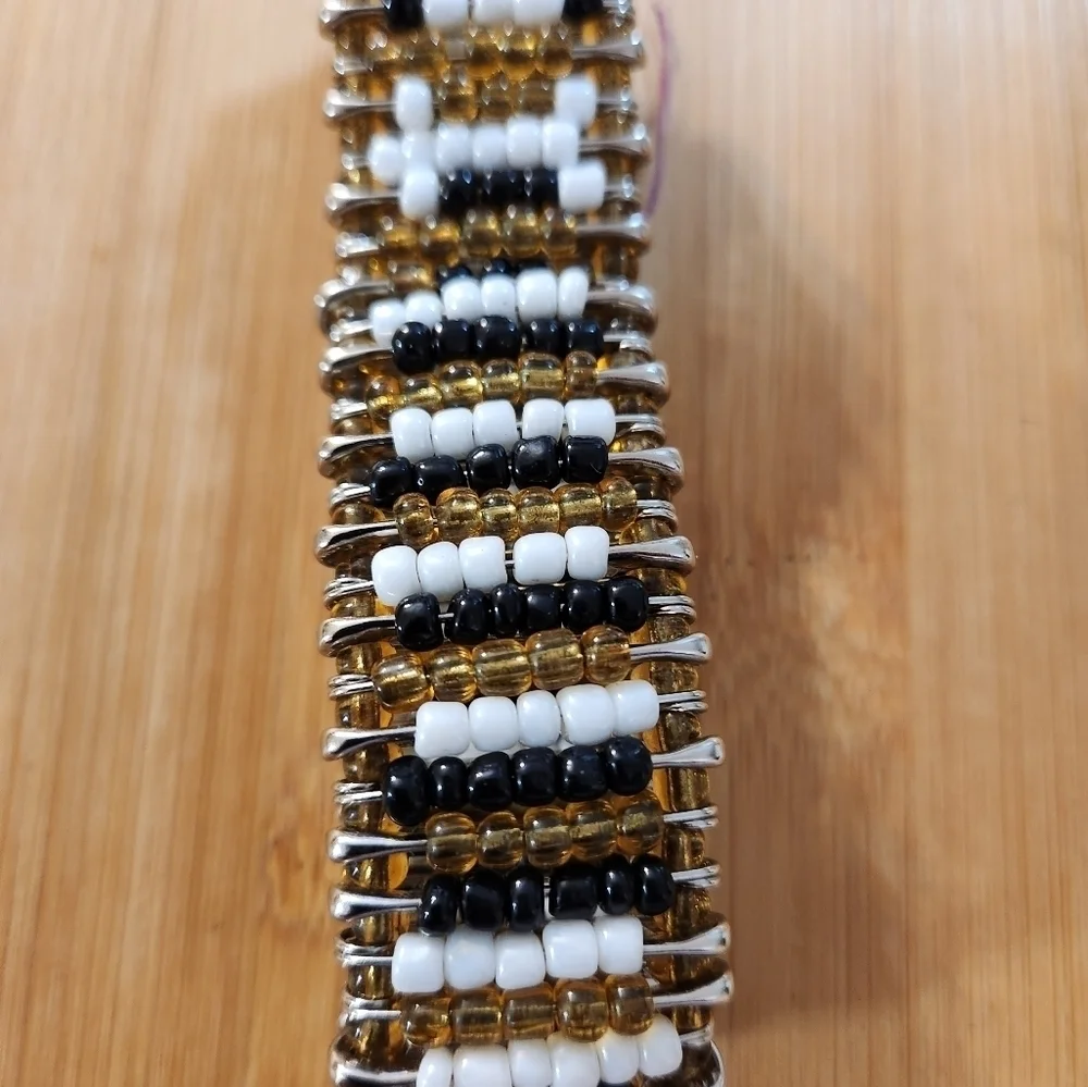 Hand Crafted Bracelet Safety Pins Black White Amber Stretch
